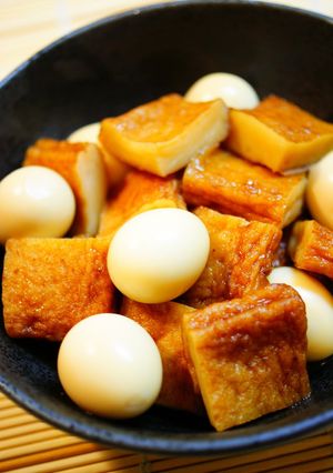 A picture of Sweet and Salty Simmered Satsuma-Age and QuailEggs.