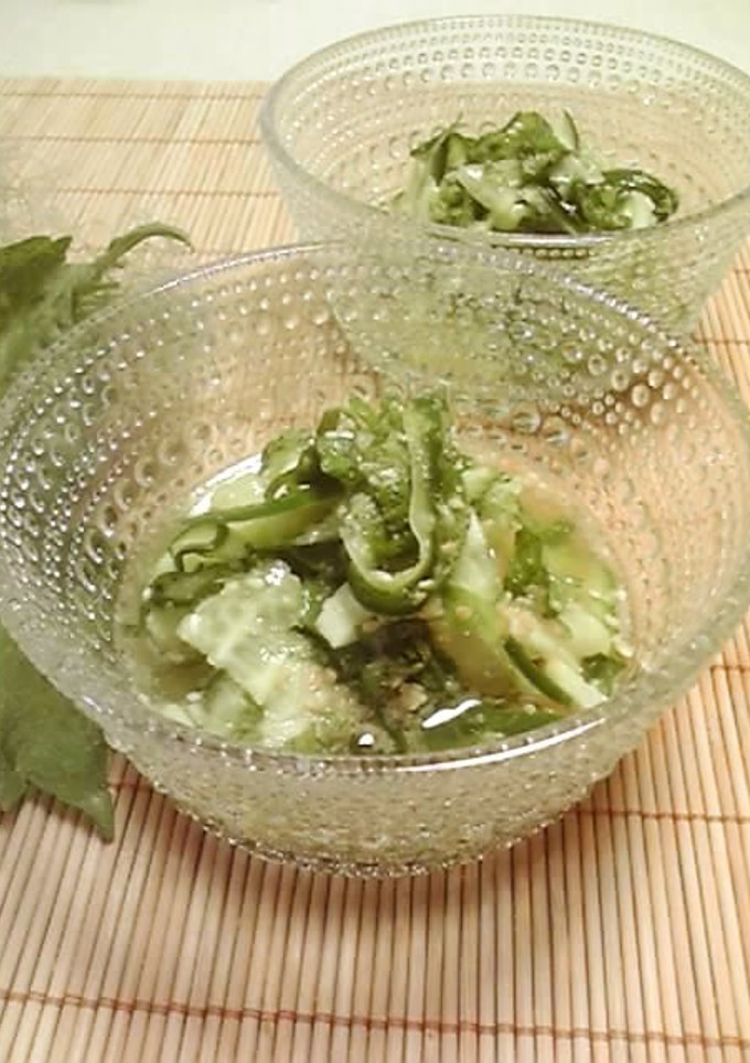 A picture of Easy and Refreshing Marinated Shiso Leaf and Cucumber Sunomono.