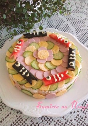 A picture of Carp Banner Sushi Cake for Children's Day.