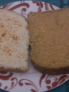 A picture of No nonsense Hummus and Peanut butter sandwich.