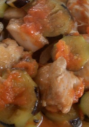 A picture of A Harmony of Chicken, Aubergine and Tomato.