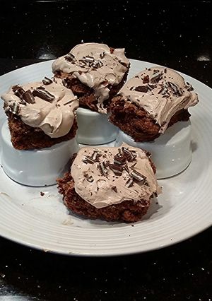 A picture of Fudge Brownies with Chocolate Peppermint Mousse Frosting.