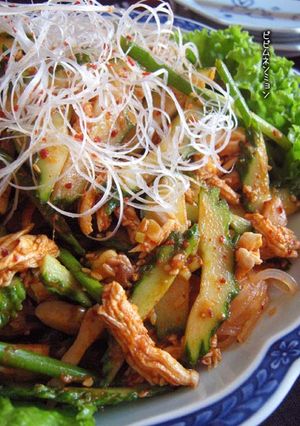 A picture of Korean-style Spicy Cucumber and Cellophane Noodle Salad.