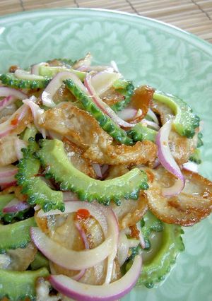 A picture of Goya & Crispy Pork Tossed with Chilli Mayo.