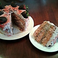 A picture of Fresh Strawberry Chiffon Layer Cake with Chocolate and Strawberry Whipped cream.