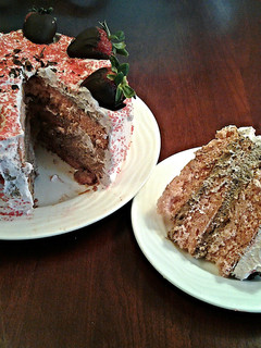 A picture of Fresh Strawberry Chiffon Layer Cake with Chocolate and Strawberry Whipped cream.