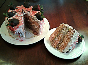 A picture of Fresh Strawberry Chiffon Layer Cake with Chocolate and Strawberry Whipped cream.