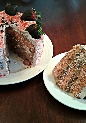 A picture of Fresh Strawberry Chiffon Layer Cake with Chocolate and Strawberry Whipped cream.