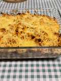 Gratin de macaronis au jambon cru, poivron jaune et emmental