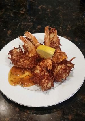 A picture of Brad's coconut prawns with Polynesian sauce.