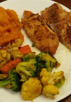 A picture of Tilapia W/Roasted Vegetables.