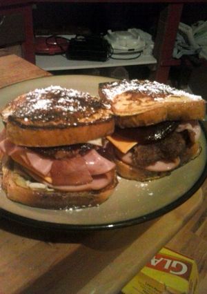 A picture of Brad's breakfast style monte cristo sandwich.