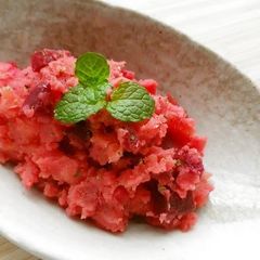 A picture of Microwaved Potato Salad with Bright Red Beets.