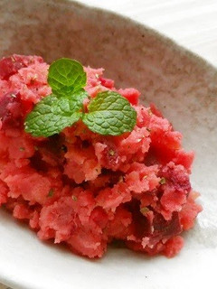 A picture of Microwaved Potato Salad with Bright Red Beets.