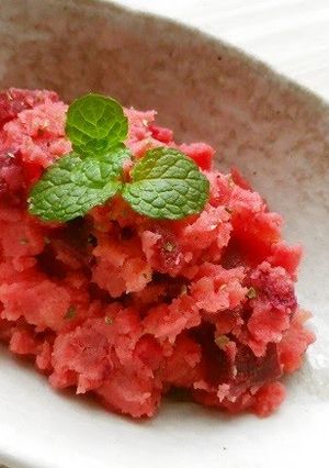 A picture of Microwaved Potato Salad with Bright Red Beets.