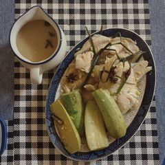 A picture of Star Anise Ginger Shoyu poached fish & zucchini.