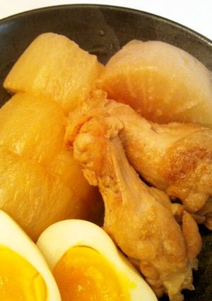 A picture of Frozen Daikon Radish and Chicken Wings Simmered In Mentsuyu.