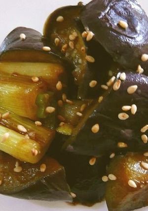 A picture of Eggplant and Japanese Leek Stir-fry with Miso.