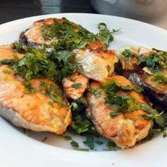 A picture of Salmon with olive oil & coriander.