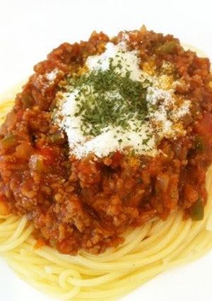 A picture of Meat Sauce Pasta from Canned Tomatoes.