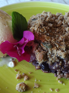 Una foto de Crumble de arándanos, pera y manzanas con helado de vainilla