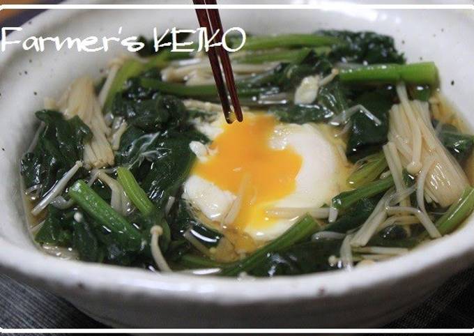 Soft-boiled Egg in a Spinach and Enoki Mushroom Nest Recipe by cookpad ...