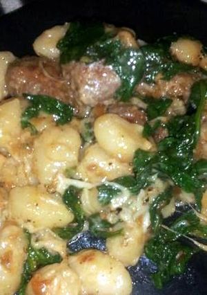 A picture of Gnocchi with Spinach and sausage.