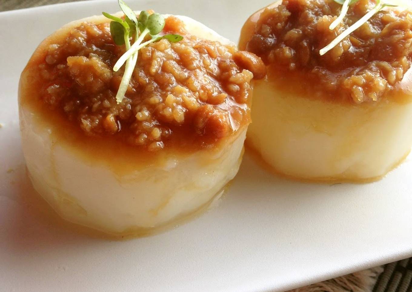 Pressure Cooked Furofuki Daikon Radish with Meat-Miso Sauce