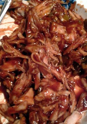 A picture of leftover turkey bbq sandwich.