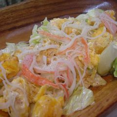 A picture of Lettuce Salad with Crab Stick and Egg Stir-Fry.
