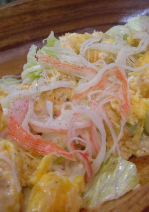 A picture of Lettuce Salad with Crab Stick and Egg Stir-Fry.