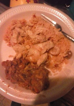 A picture of Cheesy chicken and shrimp goodness.