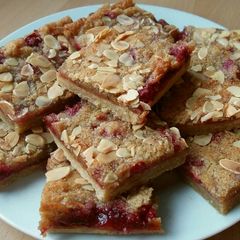 A picture of Vickys Raspberry Bakewell Tart Traybake, GF DF EF SF.
