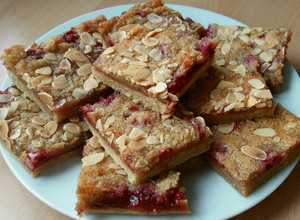 A picture of Vickys Raspberry Bakewell Tart Traybake, GF DF EF SF.