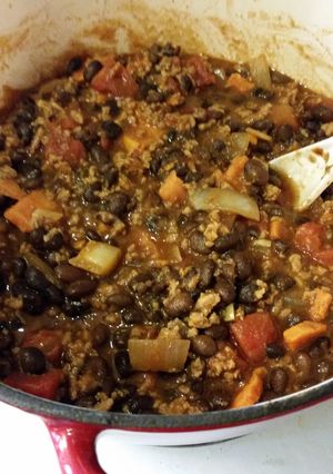 A picture of Turkey, Sweet Potato, Black Bean Chili.