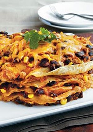 A picture of Crock Pot Chicken Enchilada Stack.