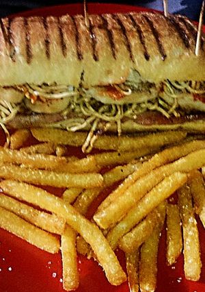 A picture of Tex's Chinese Style Pork & Chicken Panini 🐷🐔🍞.