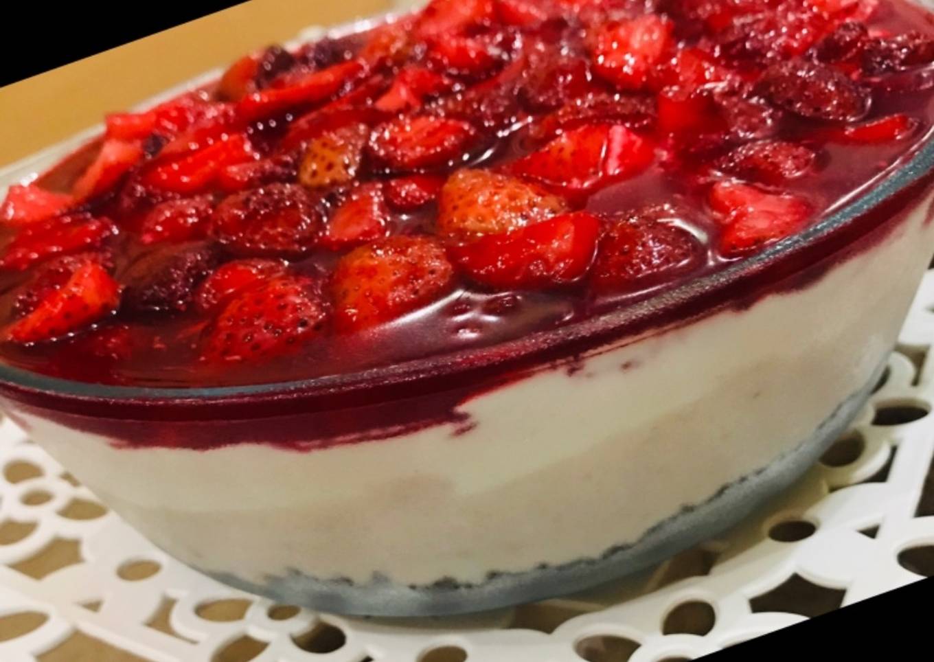 Whosayna’s Vanilla Mocha Mousse topped with Strawberry Sauce