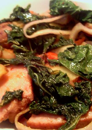 A picture of sunshine 's kale and ham saute.