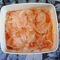 How to Make Nice Pink Sweet and Sour Pickled Ginger A picture of How to Make Nice Pink Sweet and Sour Pickled Ginger.