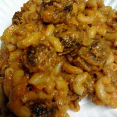 A picture of macaroni meatballs and meat and cheese sauce.