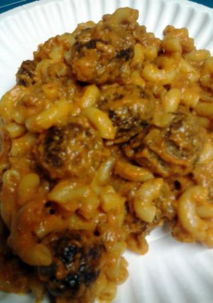 A picture of macaroni meatballs and meat and cheese sauce.