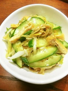 A picture of Cucumber, Leek, and Fried Tofu Seasoned with Wasabi.