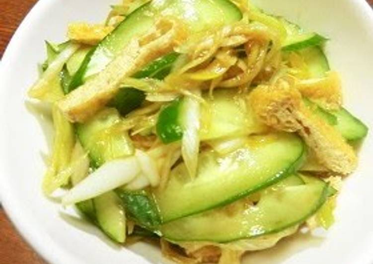 Steps to Prepare Ultimate Cucumber, Leek, and Fried Tofu Seasoned with Wasabi