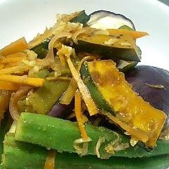 A picture of Eggplant, Okra, and Kabocha Squash in Nanban Sauce.