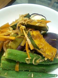 A picture of Eggplant, Okra, and Kabocha Squash in Nanban Sauce.