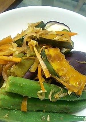 A picture of Eggplant, Okra, and Kabocha Squash in Nanban Sauce.