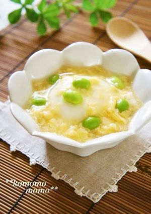 A picture of Hot or Cold Tofu with Egg and Edamame Ankake Sauce.
