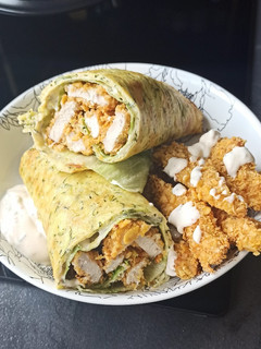A picture of Zucchini Wraps, Baked Chicken Nuggets, and Yogurt Sauce.