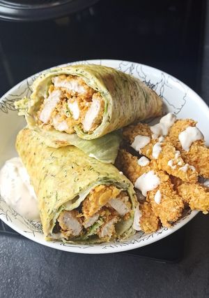 A picture of Zucchini Wraps, Baked Chicken Nuggets, and Yogurt Sauce.